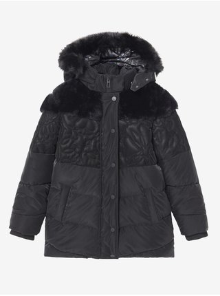 Černá dívčí vzorovaná zimní bunda s kapucí a umělým kožíškem Desigual Kids Exterior