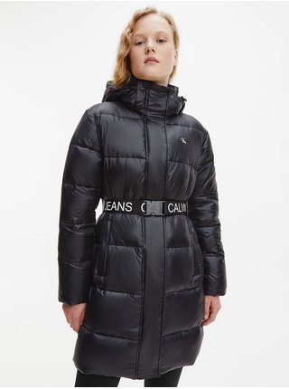 Čierna dámska prešívaná predĺžená zimná bunda s odopínacou kapucou Calvin Klein