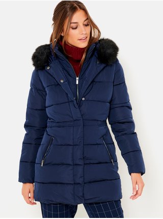 Tmavomodrý zimný prešívaný kabát s umelým kožúškom CAMAIEU
