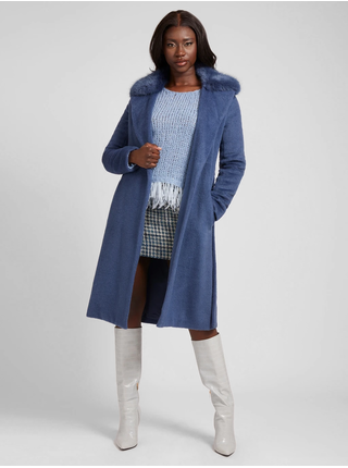 Modrý dámsky vlnený kabát na zaväzovanie s límcom z umelého kožúšku Guess