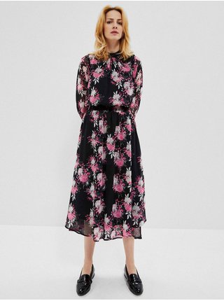 Růžovo-černé dámské květované midi šaty Moodo