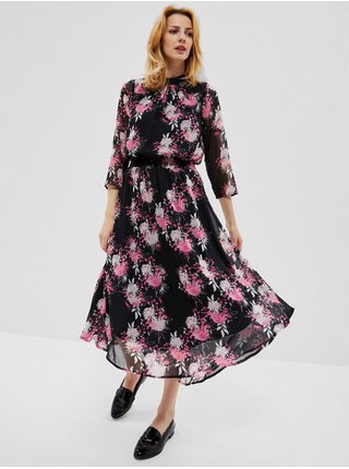 Růžovo-černé dámské květované midi šaty Moodo
