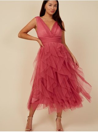 Růžové midi šaty s šifonovou sukní LITTLE MISTRESS