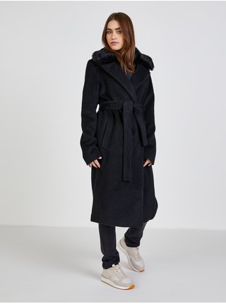 Čierny dámsky vlnený kabát z umelého kožúšku Guess Brenda