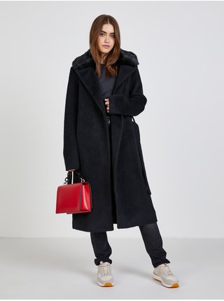 Čierny dámsky vlnený kabát z umelého kožúšku Guess Brenda