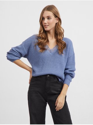 Modrý krátky sveter s krajkovým detailom VILA Glacy