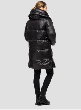 Čierna dámska prešívaná dlhá zimná bunda s kapucou Replay