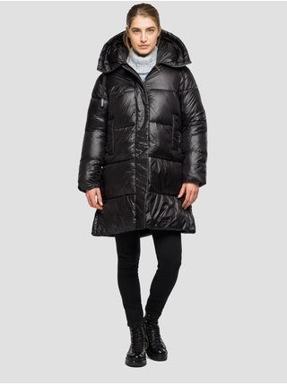 Černá dámská prošívaná dlouhá zimní bunda s kapucí Replay