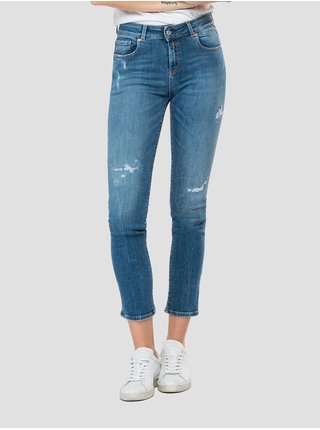 Modré dámské zkrácené slim fit džíny s potrhaným efektem Replay