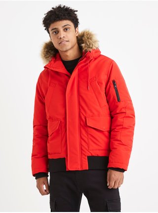 Červená pánská zimní bunda s umělým kožíškem Celio Vusulky 