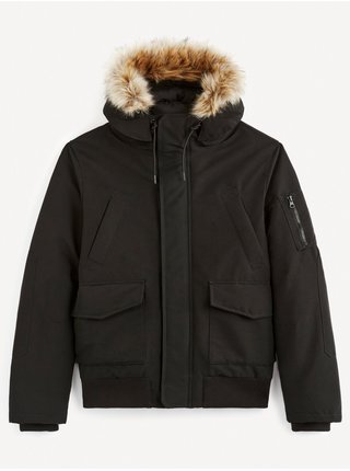 Černá pánská zimní bunda s umělým kožíškem Celio Vusulky 