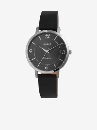 Dámské hodinky s černým koženým páskem Just  