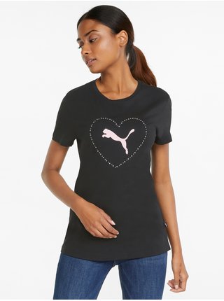 Černé dámské vzorované tričko s ozdobnými detaily Puma Valentine’s Day