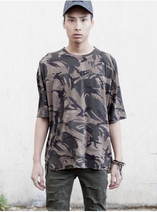 Khaki pánské vzorované tričko Camo Camouflage Imprimé 3/4 Manches June Sixth T
