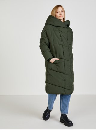 Khaki dámský dlouhý prošívaný oversize kabát s kapucí Noisy May Tally