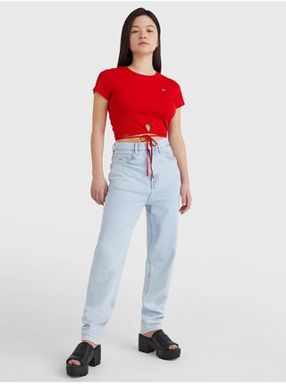 Červené dámske rebrované cropped tričko so zaväzovaním v páse Tommy Jeans