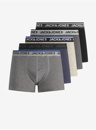 Sada pěti vzorovaných boxerek v krémové, modré, šedé a černé barvě Jack & Jones Bullet