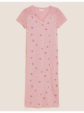 Dlouhá květovaná noční košile s výšivkou Marks & Spencer růžová