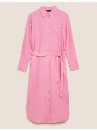 Proužkované košilové midi šaty s páskem a vysokým podílem lnu Marks & Spencer růžová
