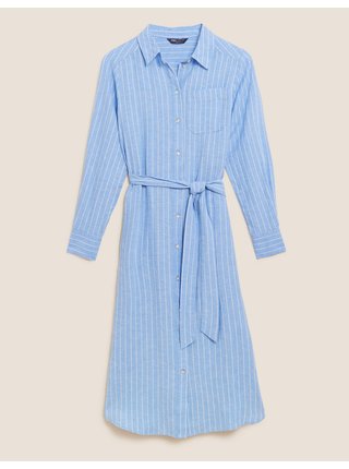 Proužkované košilové midi šaty s vysokým podílem lnu Marks & Spencer modrá