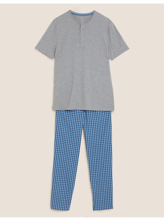Kostkovaná pyžamová souprava z čisté bavlny Marks & Spencer modrá