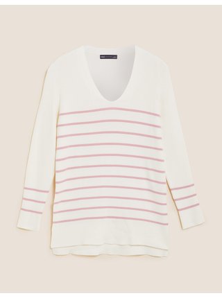 Měkký volný proužkovaný svetr s výstřihem do V Marks & Spencer smetanová
