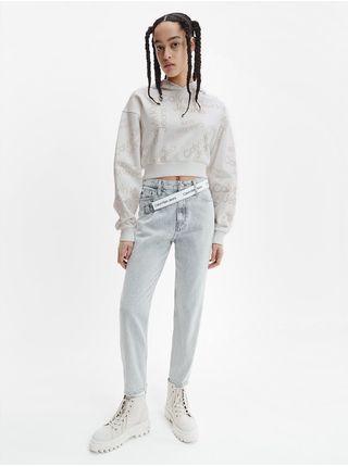 Bílá dámská vzorovaná cropped mikina s kapucí Calvin Klein Jeans