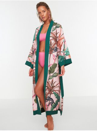 Zeleno-růžové dámské vzorované kimono se zavazováním Trendyol