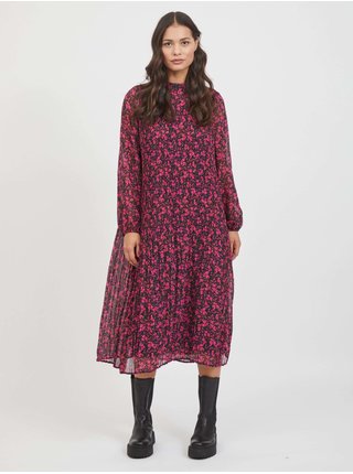 Černo-růžové dámské květované midi šaty VILA Astillan