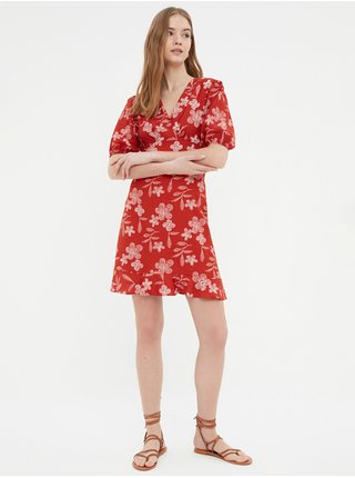 Cihlové dámské květované krátké šaty Trendyol