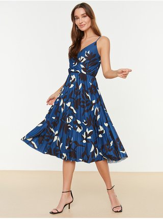 Tmavě modré dámské vzorované plisované šaty na ramínka Trendyol
