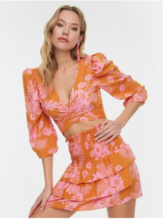 Oranžový dámský vzorovaný komplet halenky a sukně Trendyol