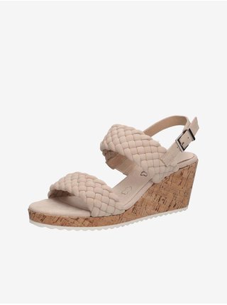 Béžové dámske kožené sandále na podpätku Caprice
