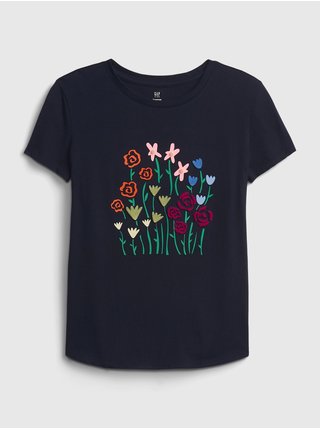 Tmavě modré holčičí tričko s květinami GAP