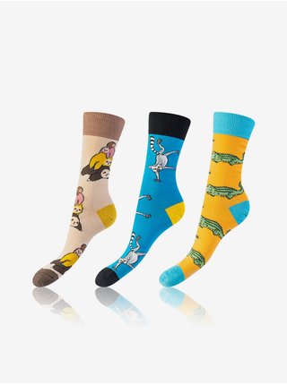 Sada tří unisex vzorovaných ponožek v hnědé, modré a žluté barvě Bellinda CRAZY SOCKS 