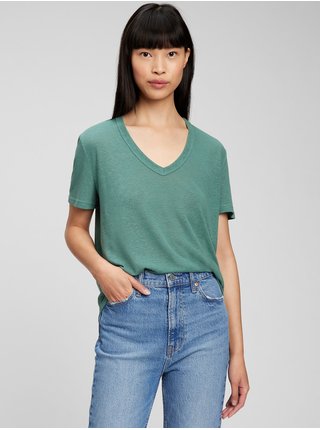 Zelené dámské tričko lněné s výstřihem do V GAP