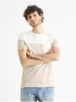 Bílo-béžové pánské tričko s kapsičkou Celio Becolered 