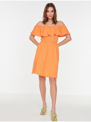 Oranžové dámské šaty s odhalenými rameny Trendyol