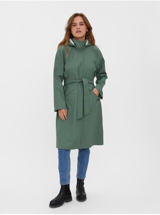 Zelená dlouhá lehká bunda s kapucí a povrchovou úpravou VERO MODA Shady Feline