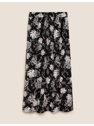 Rovná květovaná midi sukně s rozparkem vpředu Marks & Spencer černá