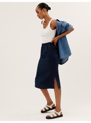 Midi sukně ze směsi lnu Marks & Spencer námořnická modrá