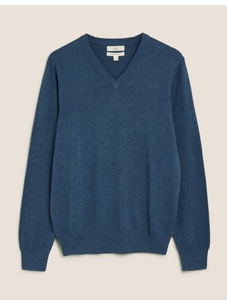 Čistě bavlněný svetr s výstřihem do V Marks & Spencer modrá