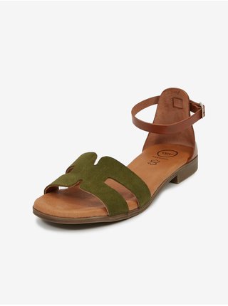 Zeleno-hnědé dámské kožené sandály OJJU