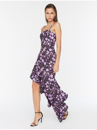 Fialové květované šaty s volánem Trendyol
