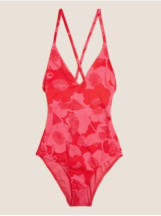 Dekoltové plavky s květinovým potiskem Marks & Spencer růžová