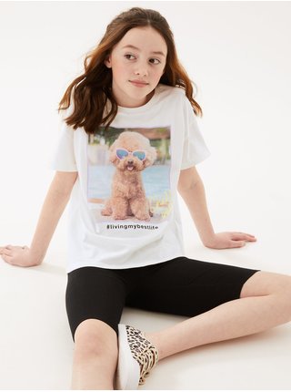 Tričko s potiskem psa, z čisté bavlny (6–16 let) Marks & Spencer bílá