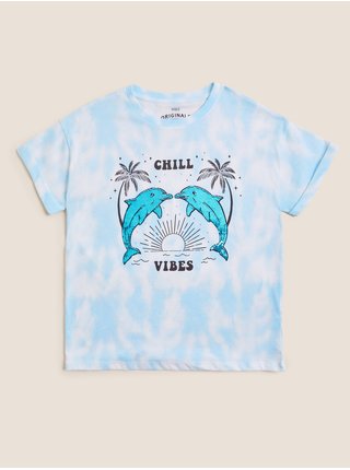 Tričko z čisté bavlny s flitry a nápisem „Chill Vibes“(6–16 let) Marks & Spencer modrá