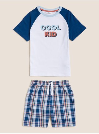 Krátká pyžamová souprava s nápisem „Cool Kid“, z čisté bavlny Marks & Spencer modrá