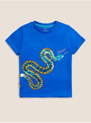Tričko z čisté bavlny s oboustrannými flitry a motivem hada (2–7 let) Marks & Spencer modrá