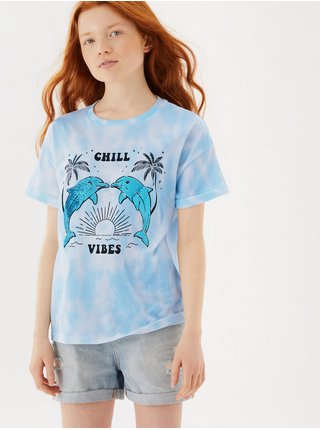 Tričko z čisté bavlny s flitry a nápisem „Chill Vibes“(6–16 let) Marks & Spencer modrá